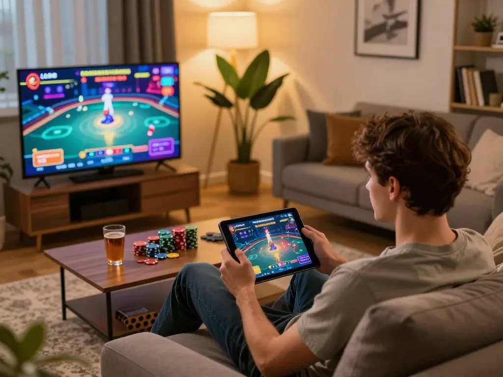 Engaging in LU88 online casino gaming on a tablet, showcasing vibrant gameplay atmosphere and comfortable setting.