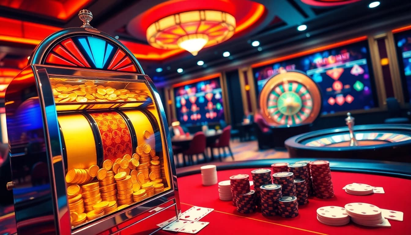 Players enjoying the thrill of tg88 slot machines and poker tables in a luxurious casino setting.