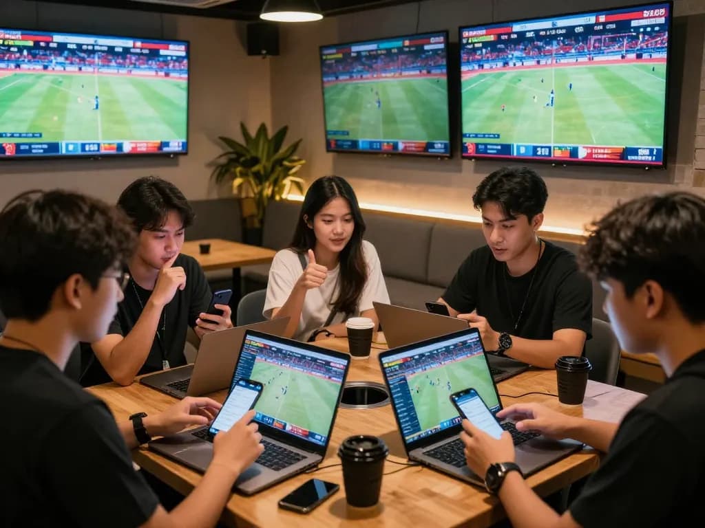 Engaging scene of Gvui users analyzing live cockfighting matches with mobile devices, showcasing the excitement of online betting.