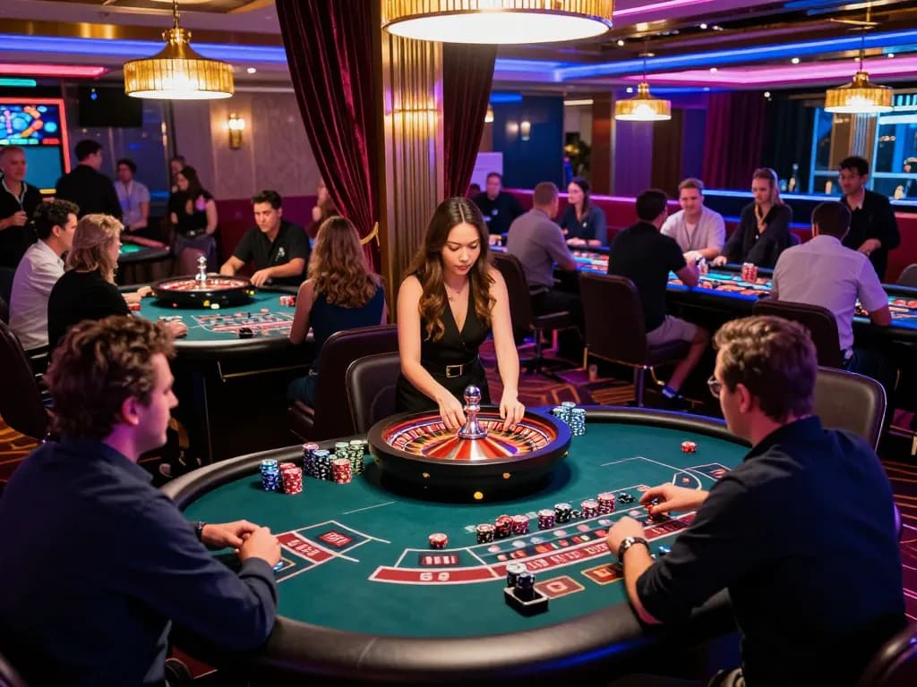 Players enjoying roulette at Hi88 casino, vibrant gaming atmosphere with neon lights.
