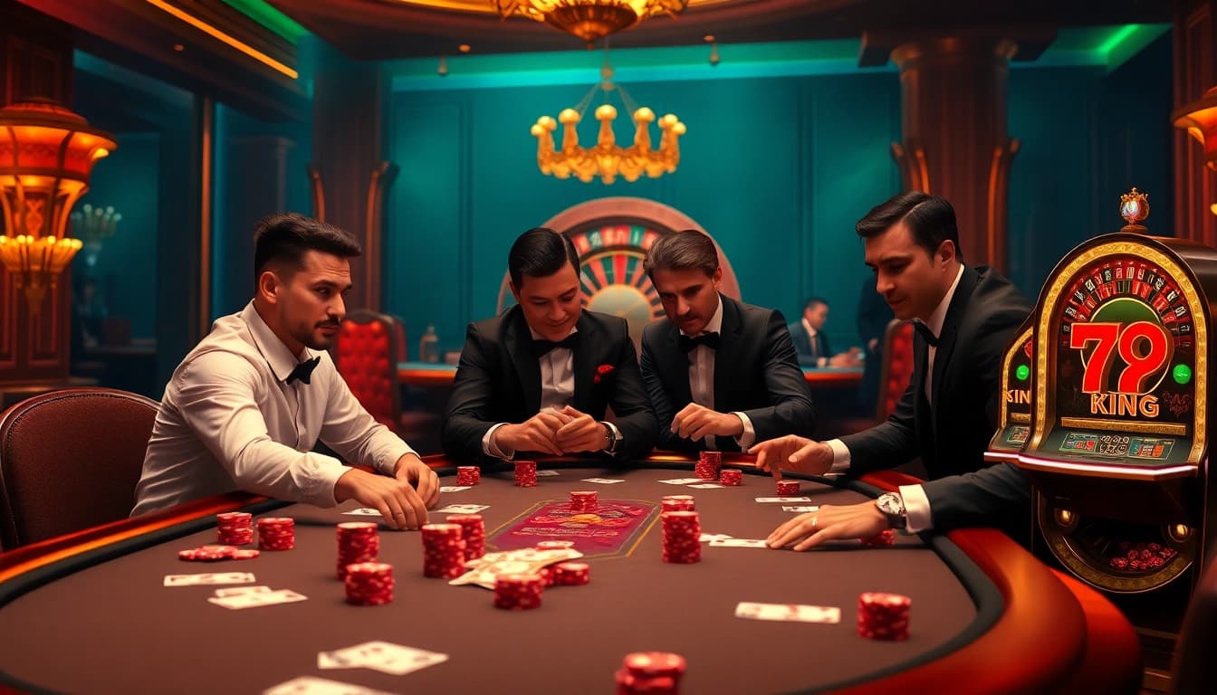 Players strategize at a luxurious poker table featuring 79king branding, filled with vibrant poker chips.