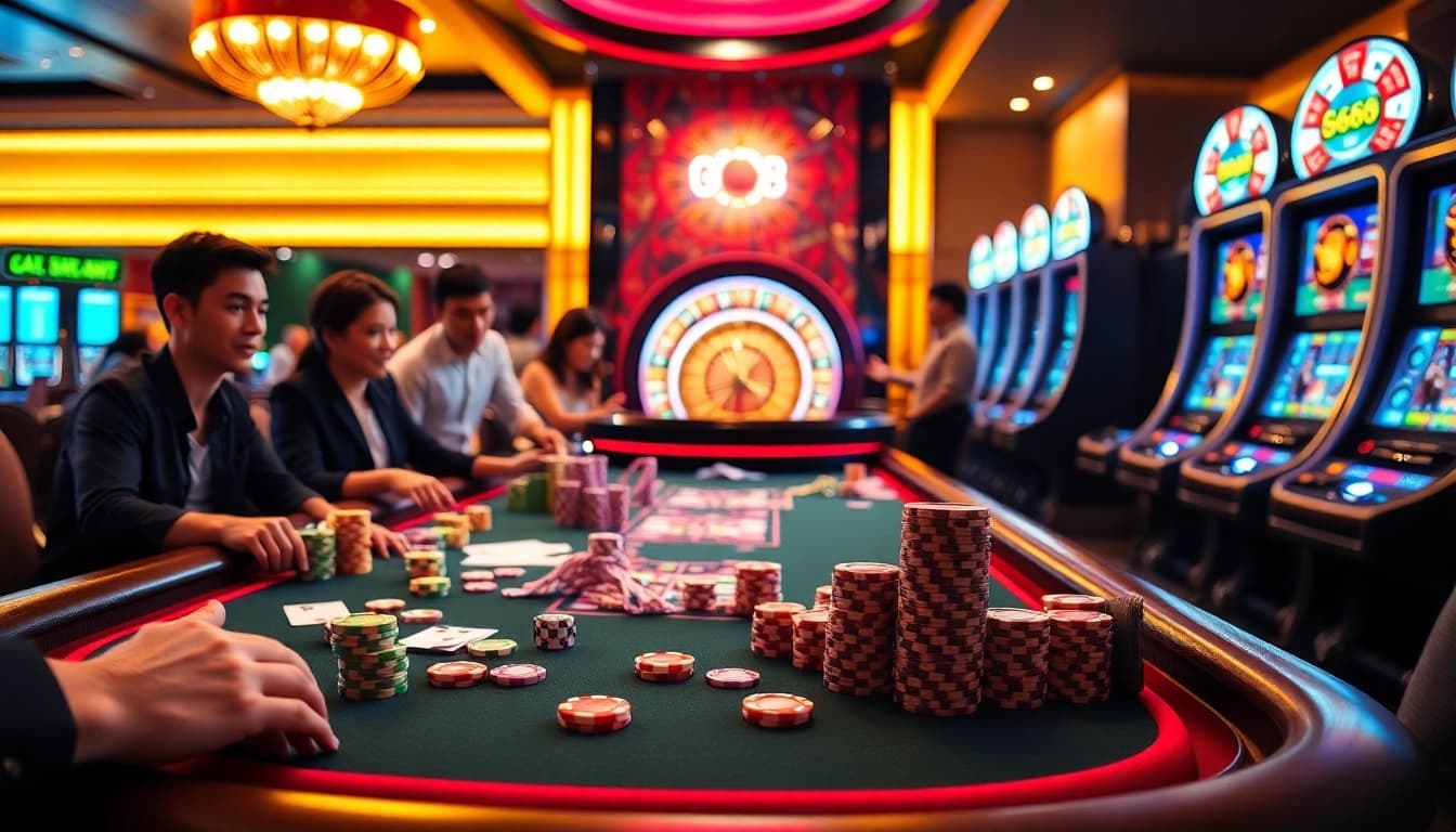 Players enjoying a GK88-themed casino experience with vibrant tables and engaging games.