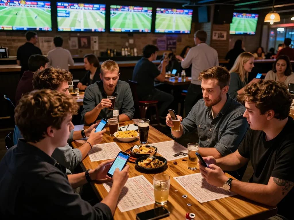 Engaged patrons at a bustling sports betting venue, utilizing the tr88 platform to place wagers on live events