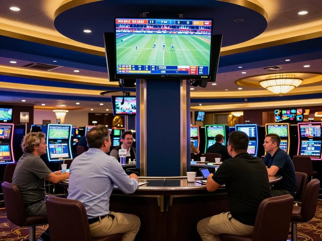 Exciting sports betting atmosphere at a high-end casino featuring mposport live odds and engaged bettors.