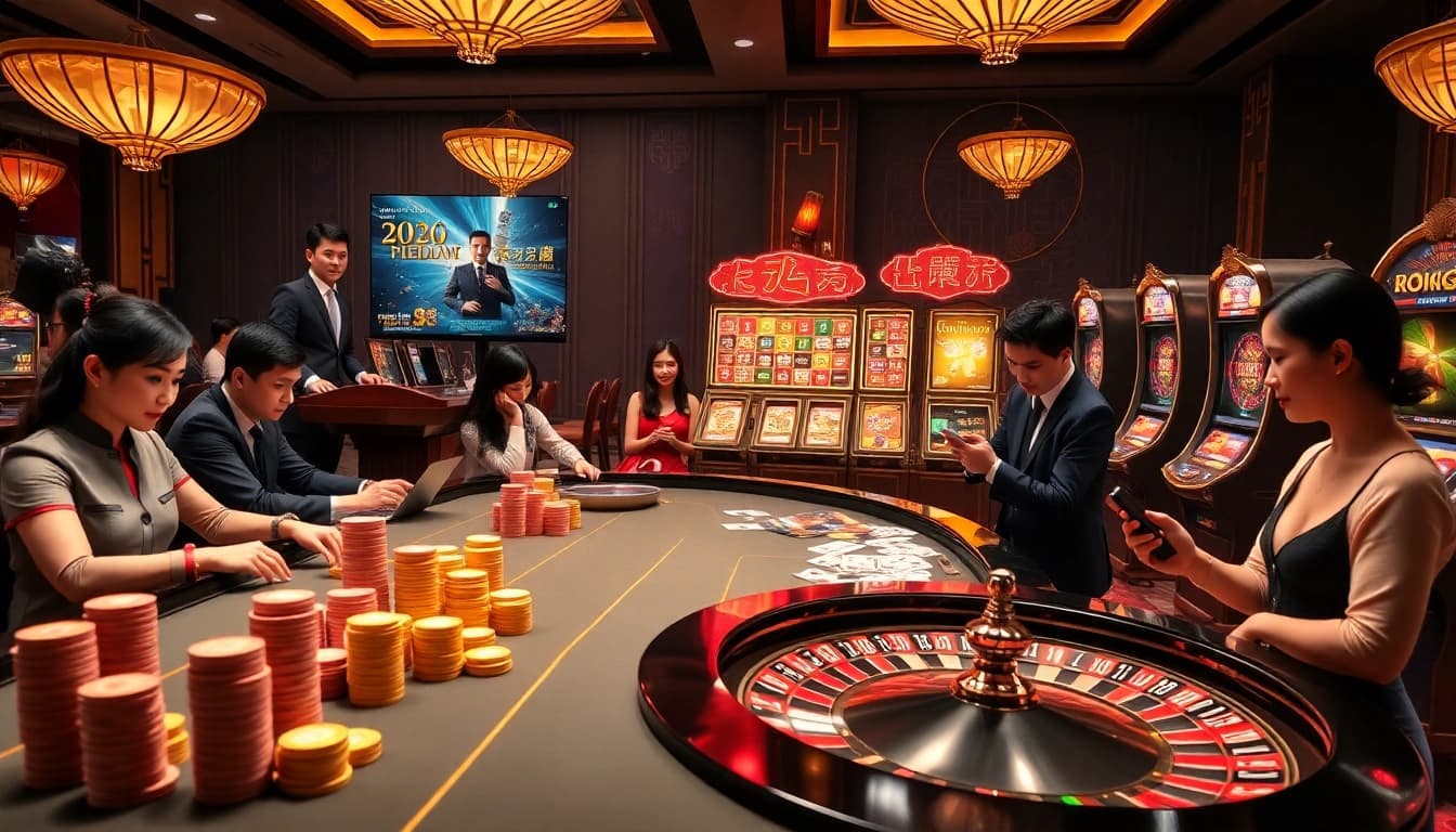 Players winning big at a Nhà cái uy tín hàng đầu châu Á live casino table with vibrant poker chips and roulette wheel
