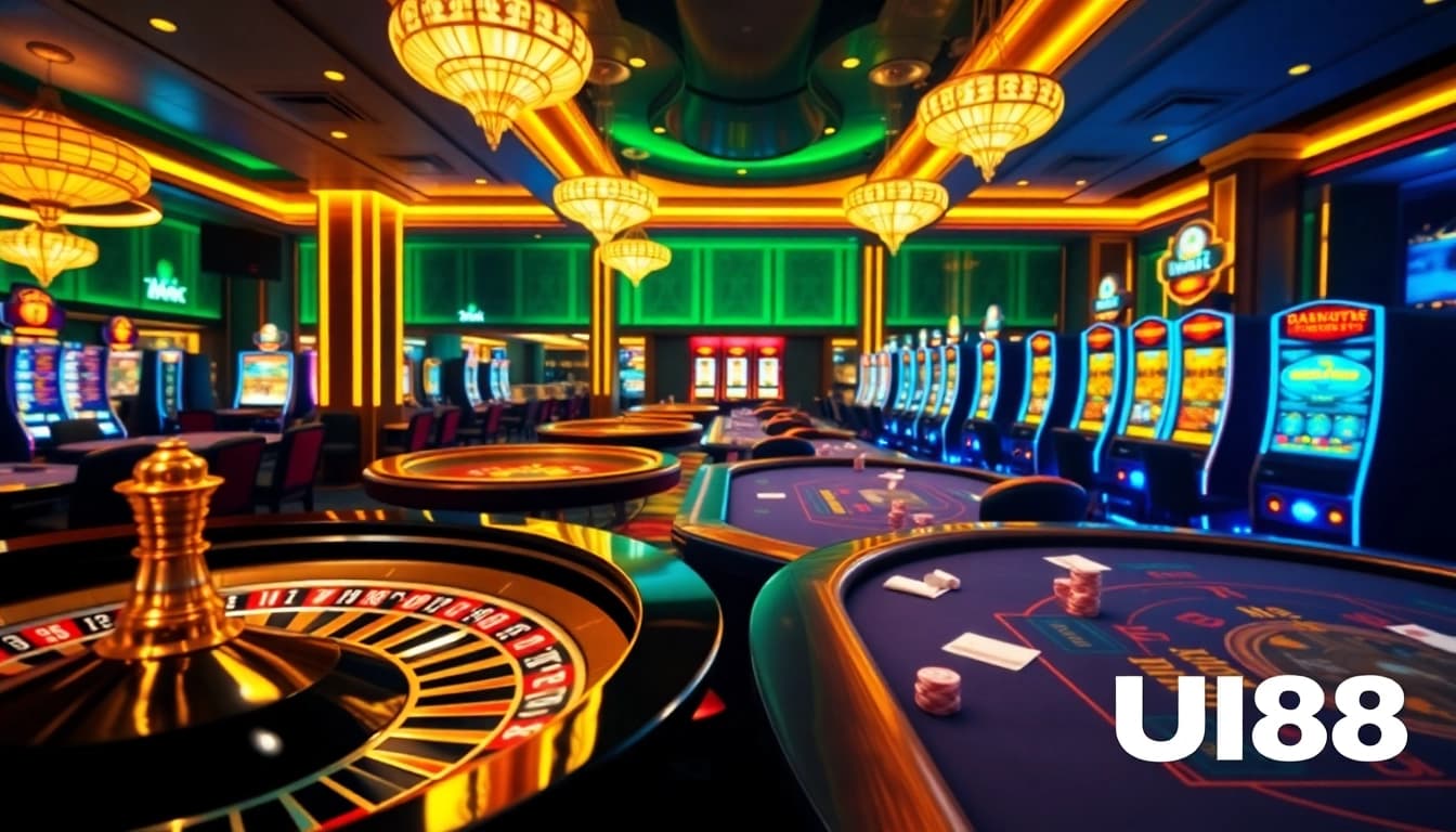 UU88 casino experience showcasing vibrant gaming action with roulette and poker elements.