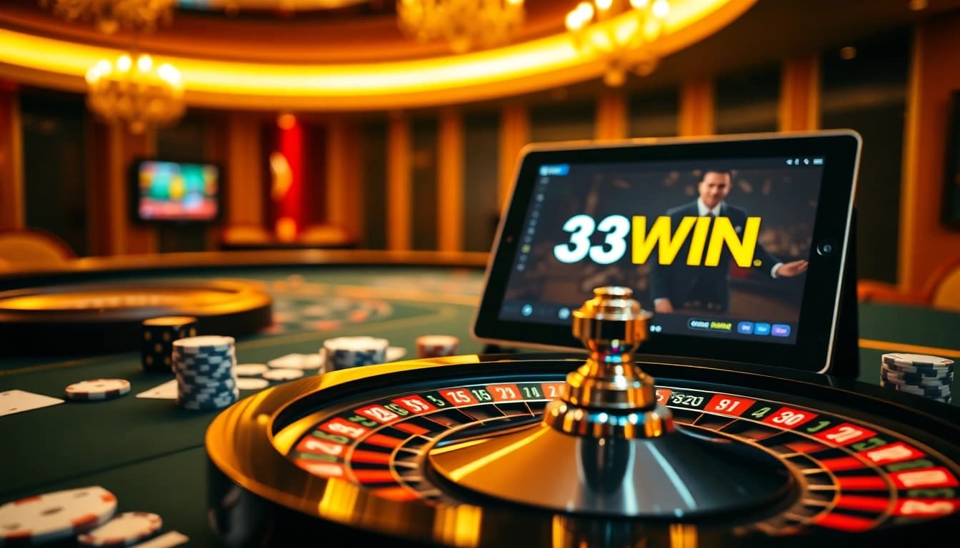 Experience the thrill of winning at 33WIN com with vibrant casino games showcasing poker chips and cards.