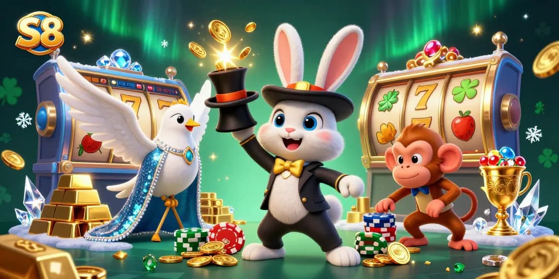 S8 engages players with a 3D illustration of a magician rabbit, dove, and monkey in a vibrant casino setting.