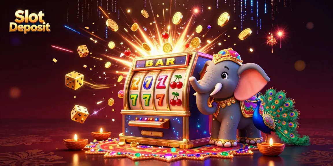 Experience thrilling Slot Deposit gameplay with a colorful elephant, slot machine, and vibrant casino elements.