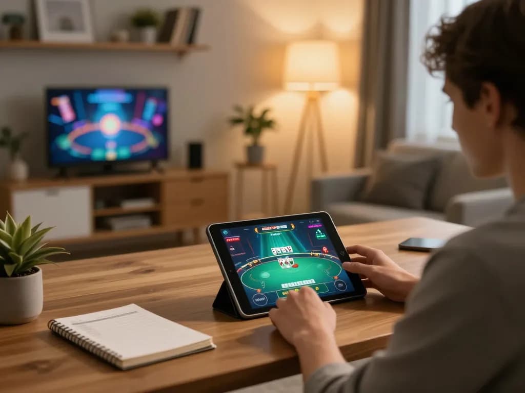 Engaging in an online poker game on 789win from a cozy home setup, with a tablet displaying gameplay.