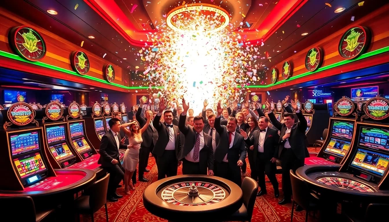 Explosion of a prize-winning lottery sparks joy at a luxurious casino celebration scene.