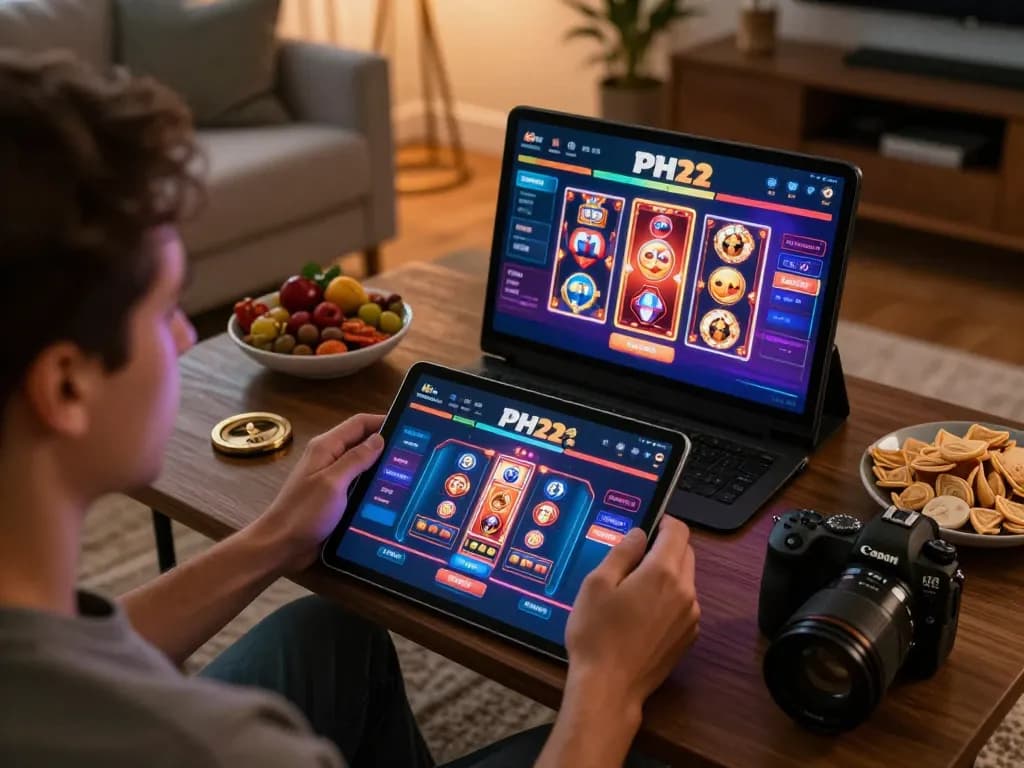 Engaging with the PH22 casino app on a tablet while enjoying home casino experience