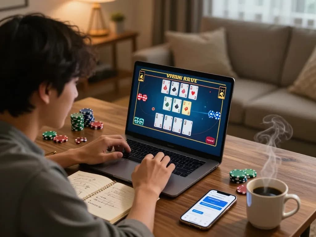 Engaging online gaming moment at upintogel with player focused on live dealer game on laptop.