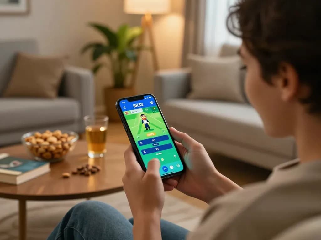 Engaged user placing bets on the BK33 app in a cozy home setting.