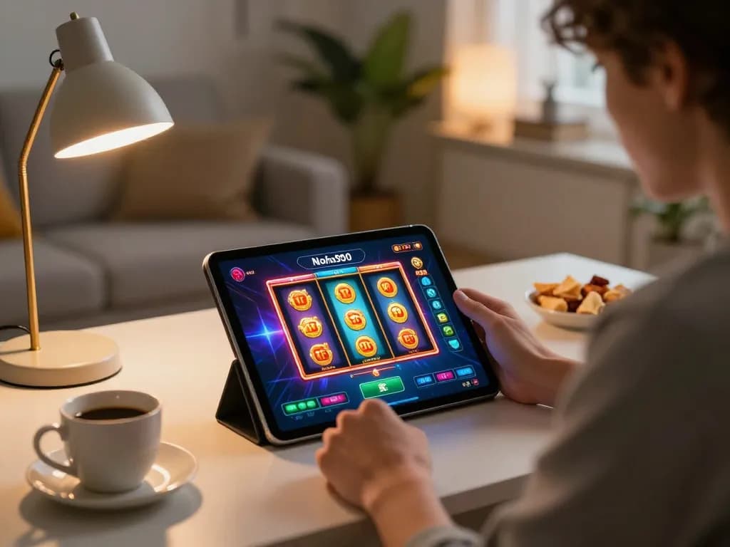 Nohu90 player enjoying vibrant slot games on a tablet in a cozy home setting