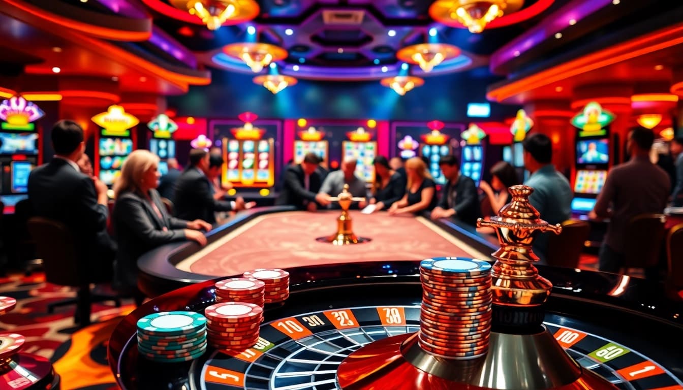 Players enjoy a lively game at THA BET casino, surrounded by vibrant slot machines and roulette.