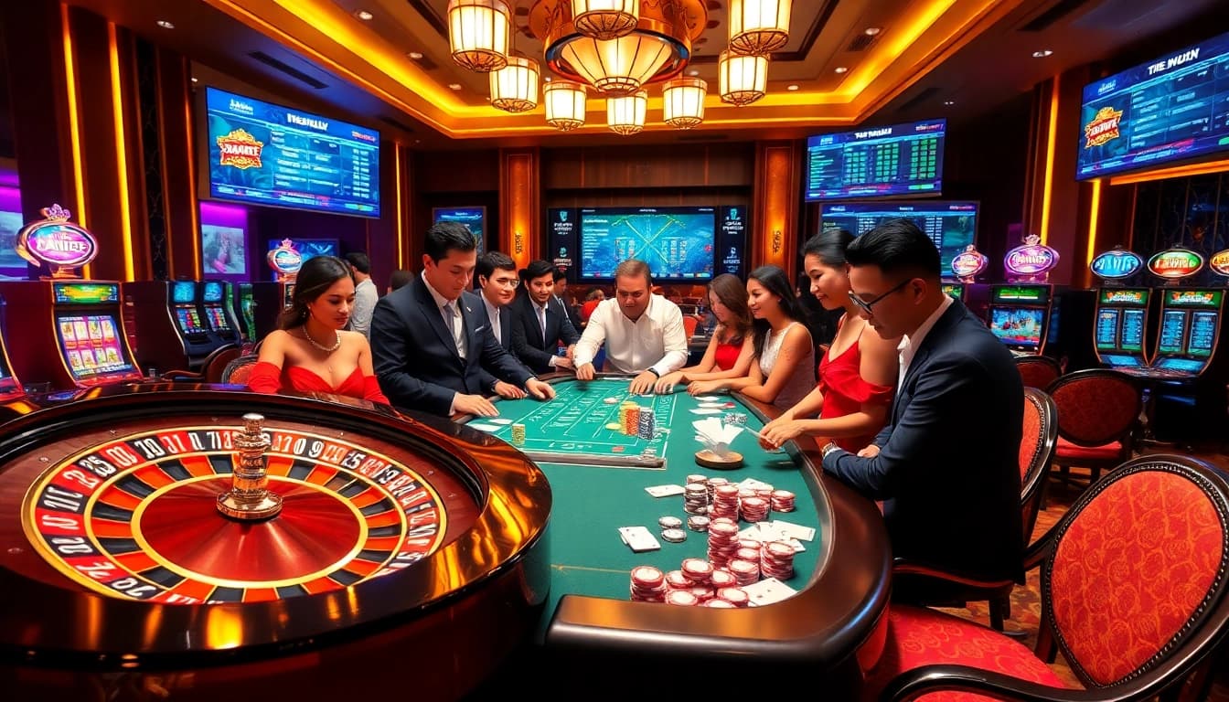 Experience excitement at https://kong88.win with vibrant casino scenes featuring roulette, poker, and engaging players.