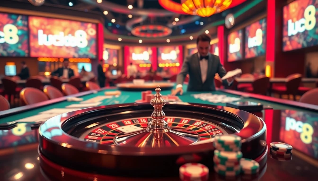 Experience the thrill of luck8 gaming with dynamic casino visuals featuring roulette wheels and poker chips.