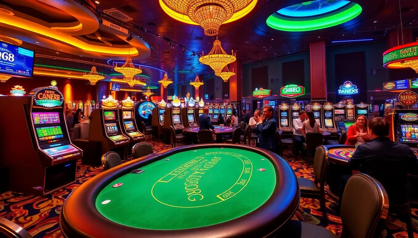 C168 casino scene with players at poker and roulette tables showcasing thrilling gambling excitement.