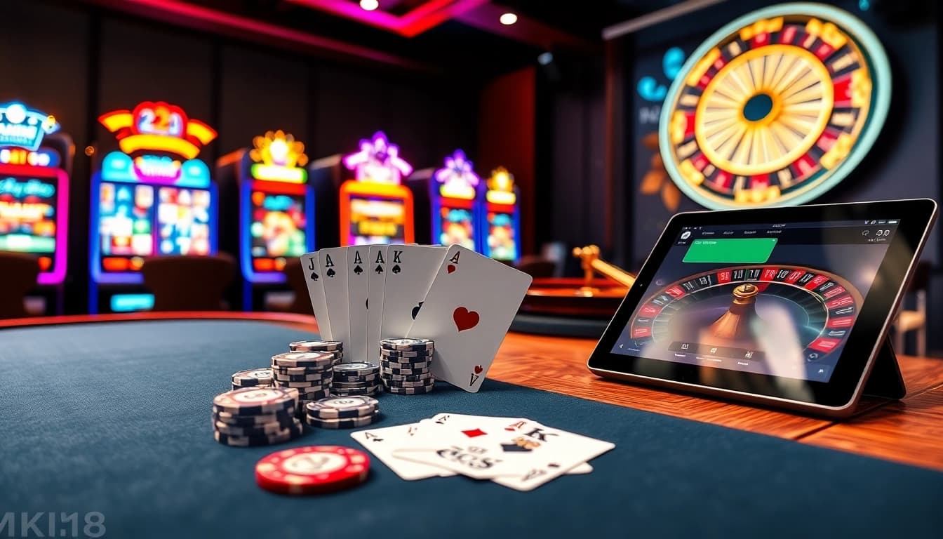 Experience the excitement of gambling with the vibrant scene showcasing ทางเข้า mk8 featuring poker tables, colorful slots, and a roulette wheel.