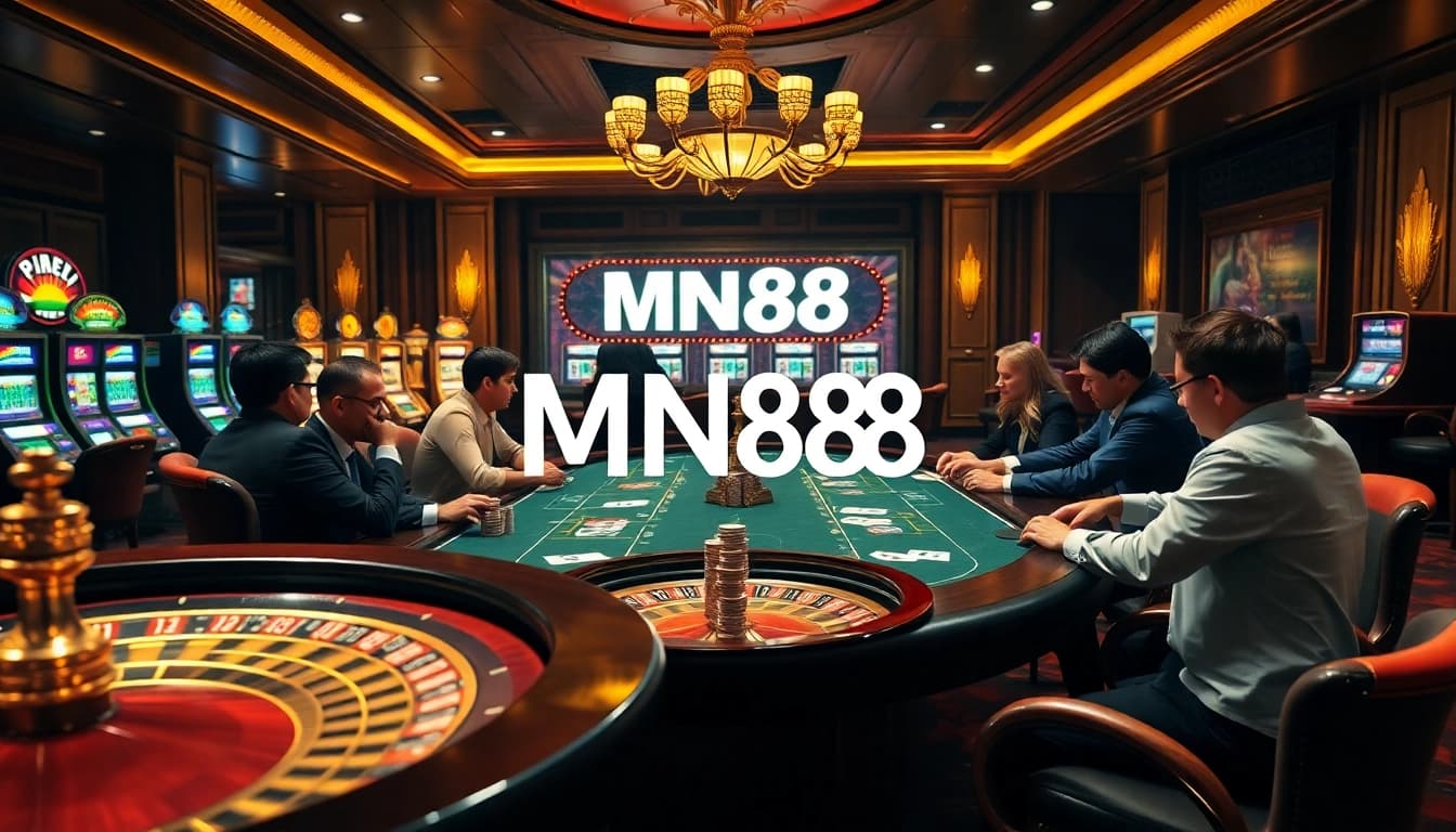 Engage in thrilling casino action at MN88 with poker chips, cards, and roulette.