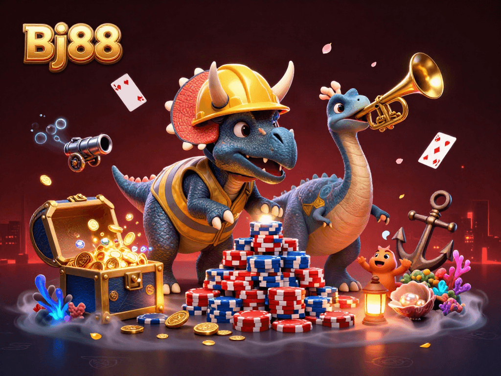 Bj88 showcases a lively 3D casino scene with a triceratops building poker chips, a celebrating parasaurolophus, and exciting treasure elements.