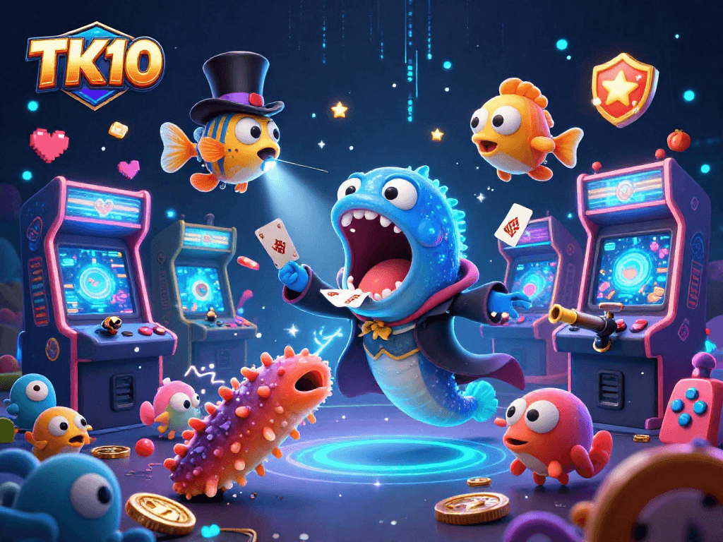 Engage with TK10's thrilling underwater fishing adventures in this vibrant 3D illustration.