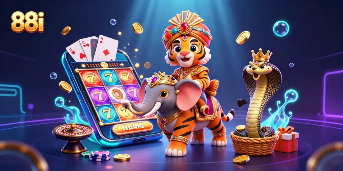 Engage in thrilling gameplay at 88i with a vibrant illustration showcasing a majestic tiger and elephant amidst casino excitement.
