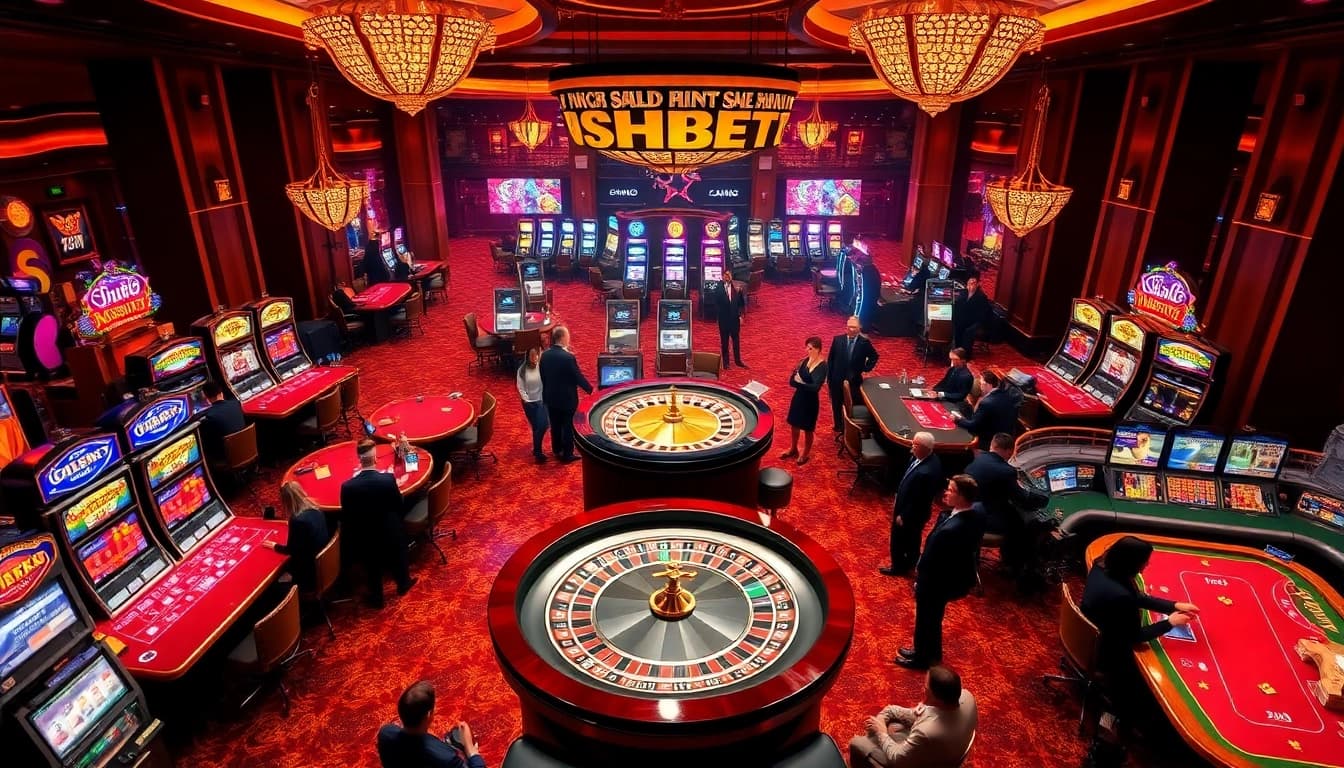 Engaging players at SHBET enjoy exciting games on a luxurious casino floor filled with slot machines and poker tables.