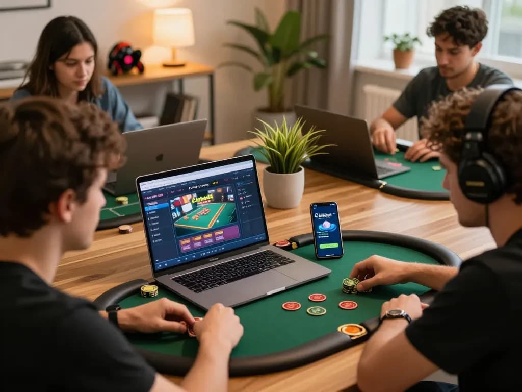 Players engaged in poker on shbet com, showcasing a cozy home gaming setup with laptops.