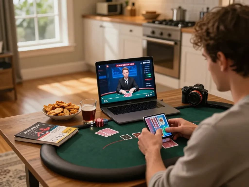 VT88 player engaging in online poker while strategizing with snacks nearby.