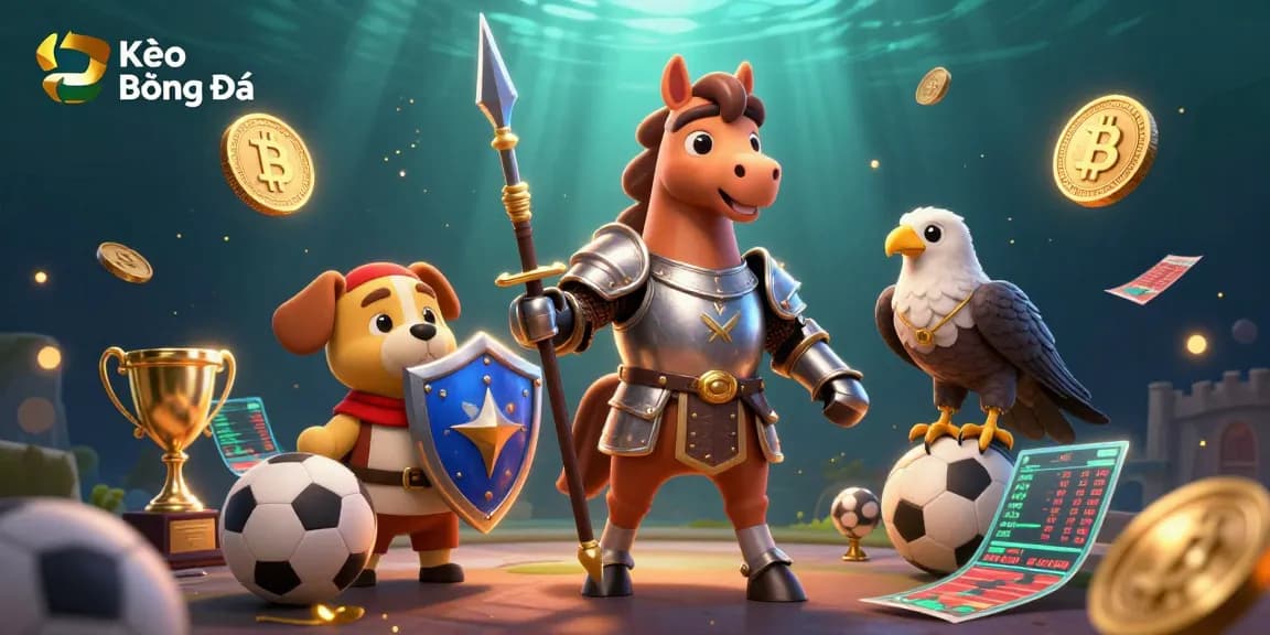 Kèo Bóng Đá sports betting illustration with a knight, squire puppy, and falcon enriched by neon coins.