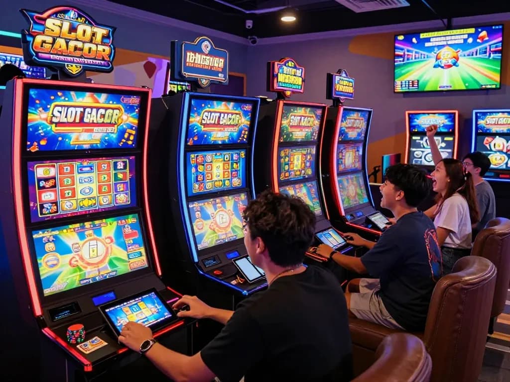 Friends excitedly playing SLOT GACOR games in a vibrant online gaming lounge atmosphere.