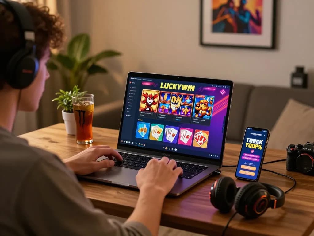 Engaged player at home enjoying LUCKYWIN online gaming with vibrant graphics and inviting atmosphere