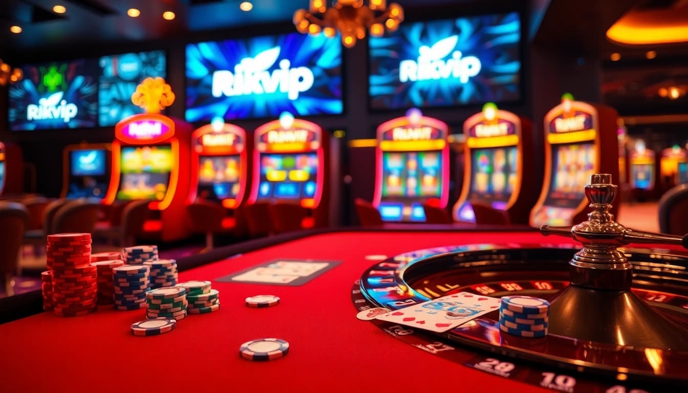 Experience the excitement of Rikvip in a vibrant casino scene filled with poker chips and roulette games.