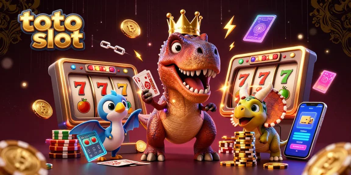 Experience the thrilling action of toto slot as a T-Rex plays cards while a pterodactyl assists, set against vibrant casino visuals.