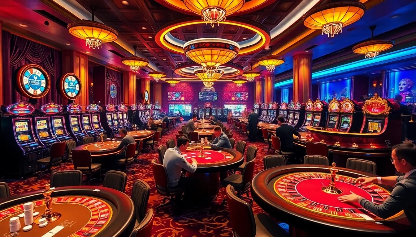 Juragan77 showcases enthusiastic players engaged in a vibrant casino atmosphere filled with roulette and poker.
