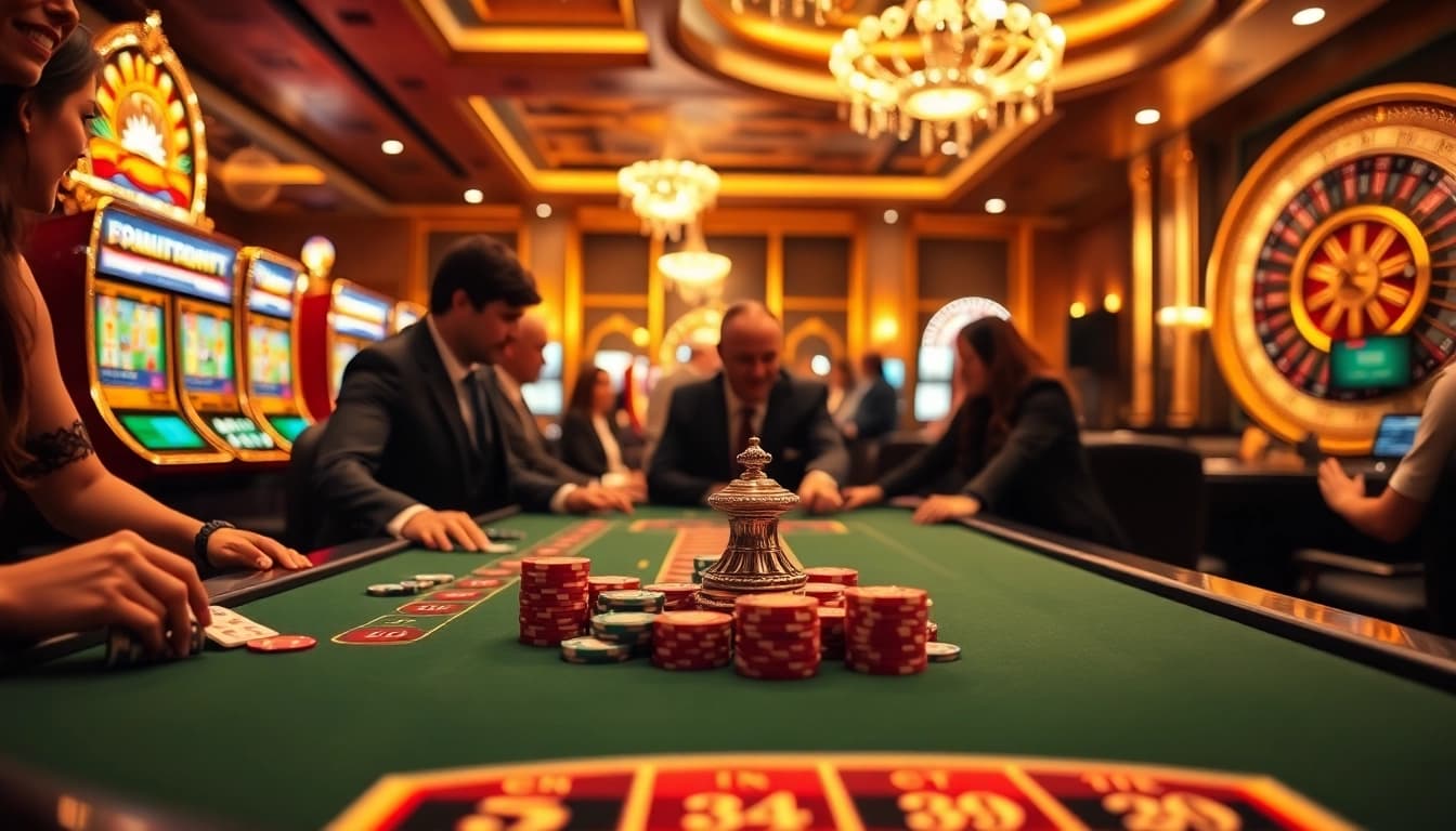 Players enjoying games at 33win casino with vibrant slot machines and poker chips.