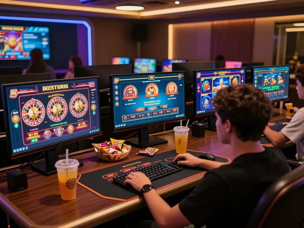 Player engaging in online casino games at their stylish gaming setup with bem88 app displayed on screen.