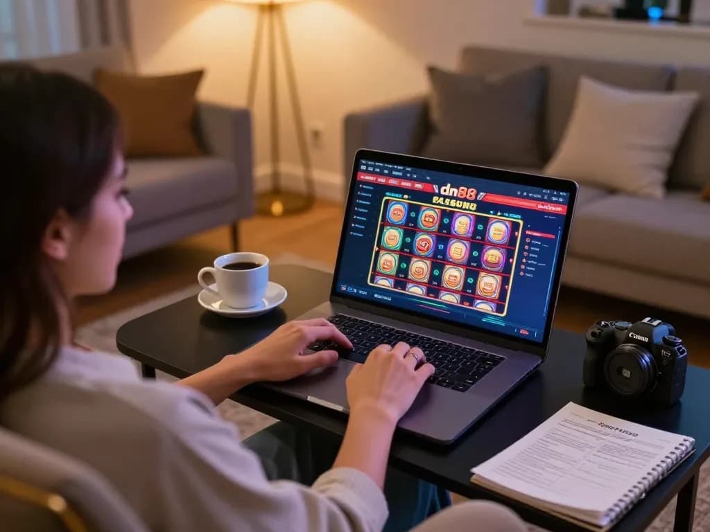 Engaging moment of a player using dn88 casino app on laptop, showcasing online gaming experience