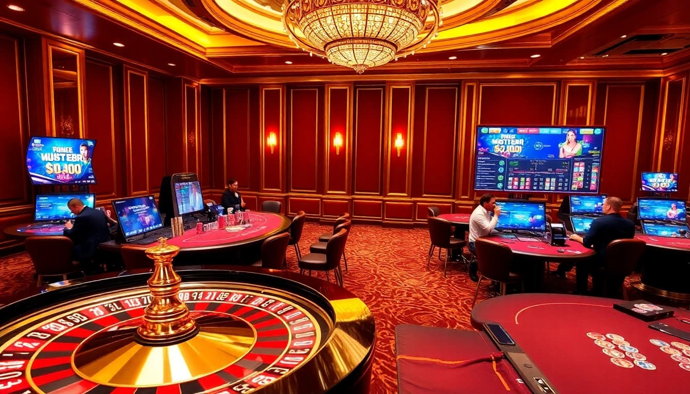 RR88 captures the excitement of gambling with a vibrant casino scene featuring roulette and poker tables.