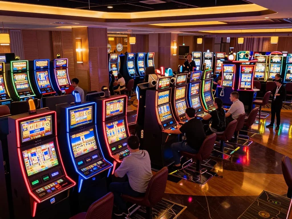 Players enjoying slot machines in a lively casino environment, emphasizing HM88 gaming excitement and experience.
