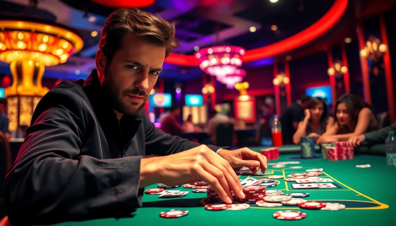 Toto7788 menampilkan pemain poker terampil di meja kasino dengan suasana kompetitif.