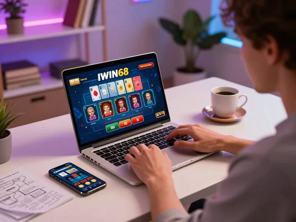 IWIN68 player enjoying online gambling on a laptop with gaming app in a cozy setting