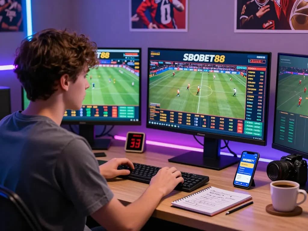 Exciting SBOBET88 online sports betting scene with screens showing live events and odds