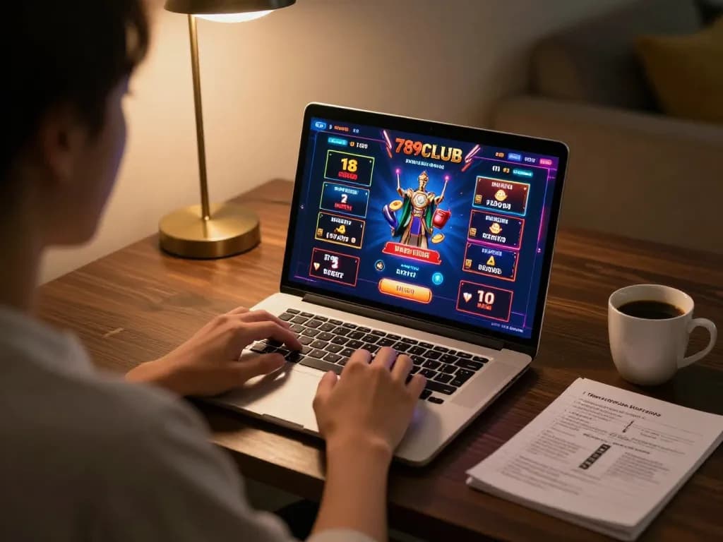 Engaging scene of a user playing 789CLUB online casino games on a laptop with strategy notes.