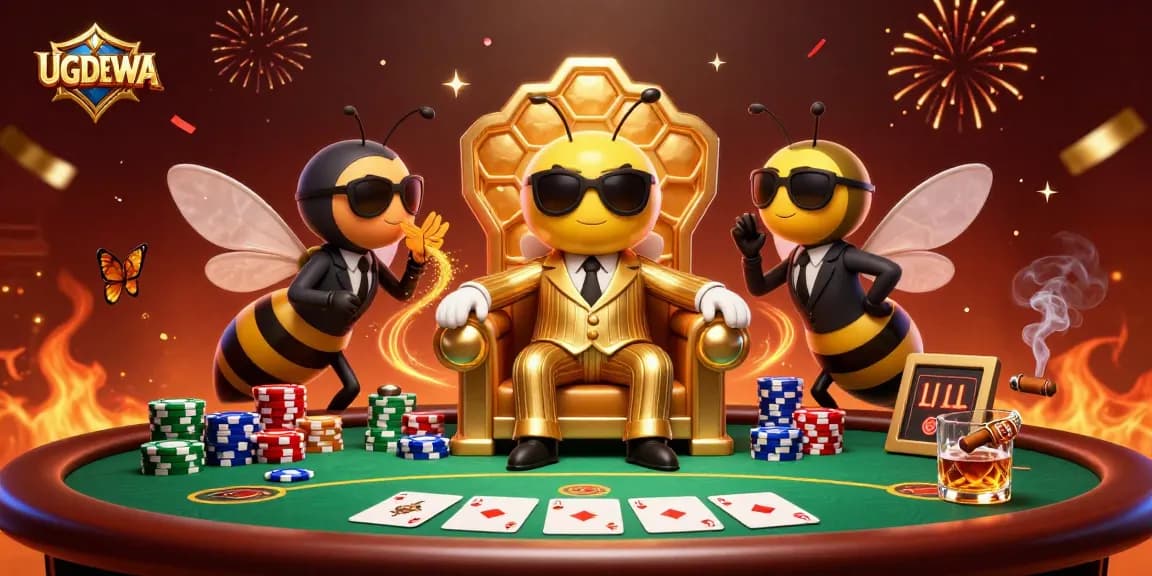 UGDEWA showcases a vibrant, action-packed casino scene with a bumblebee mob boss and poker elements.