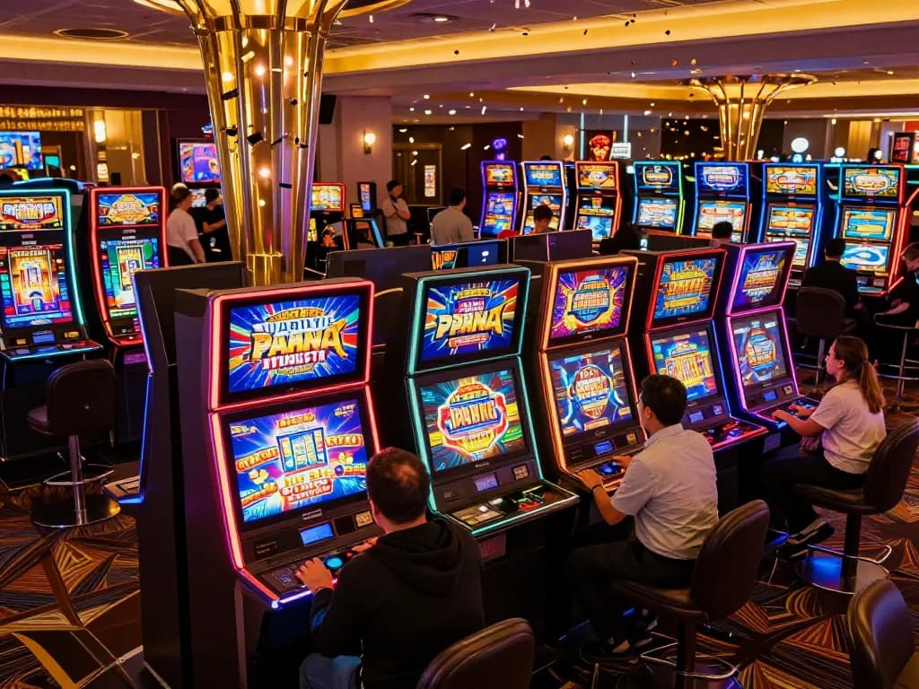Players engaging with vibrant slot machines, capturing the excitement of gaming in a lively casino setting.