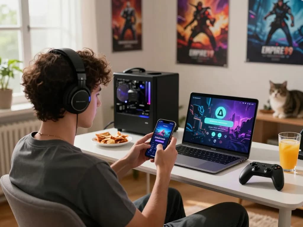 Installing the Empire99 gaming app in a cozy living room with vibrant gaming decor and accessories.