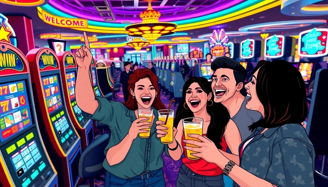 Friends celebrating a win at AT99娛樂 casino amidst colorful lights and vibrant activity.